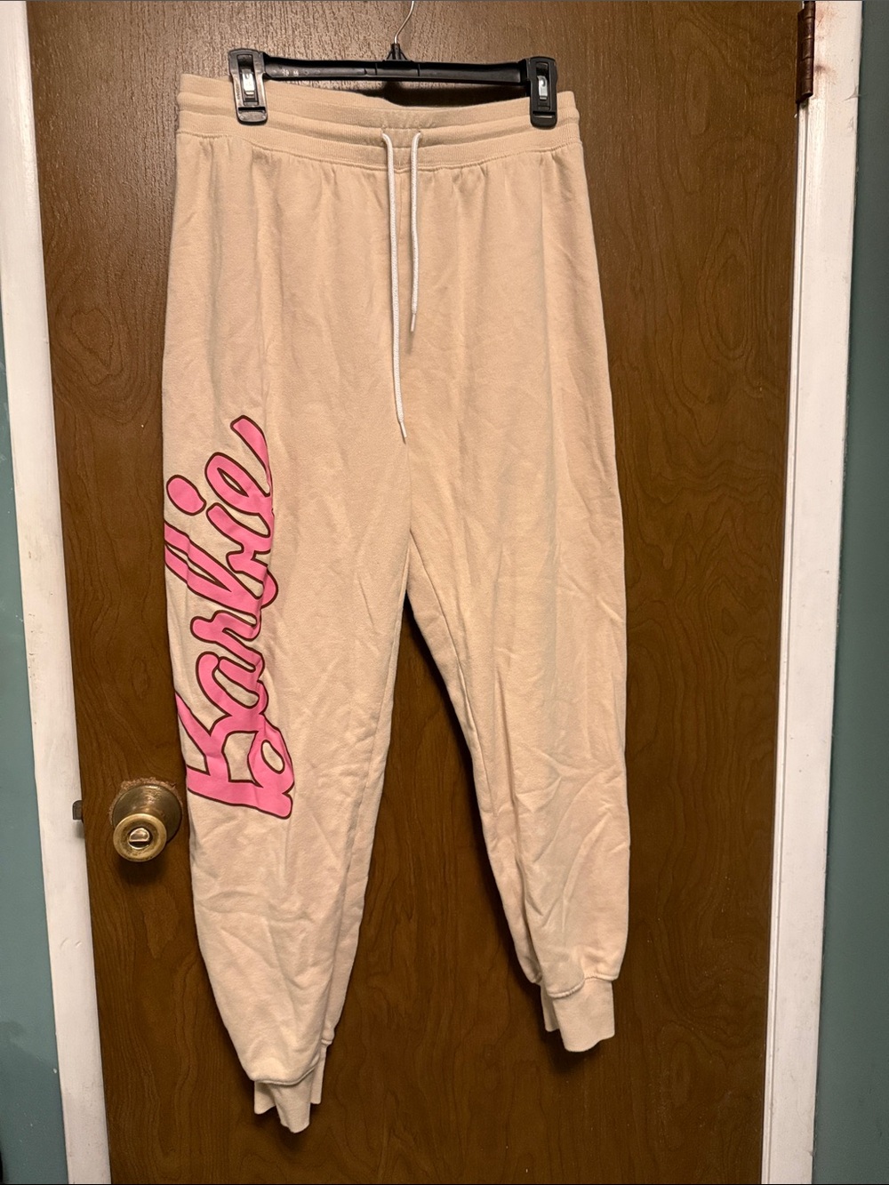 Barbie Beige Sweatpants with Pink Script Logo Juniors XL